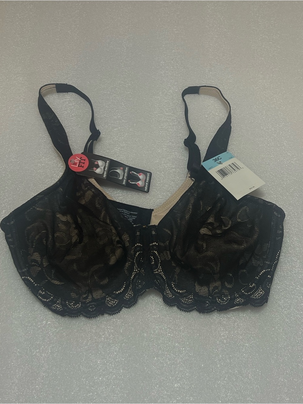 Black Lace Underwire Bra with Beige Lining Size 36C New